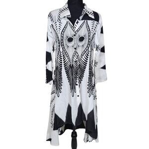 Step In Style Black‎ White Print Long Sleeve Midi Dress PXL Collared Casual